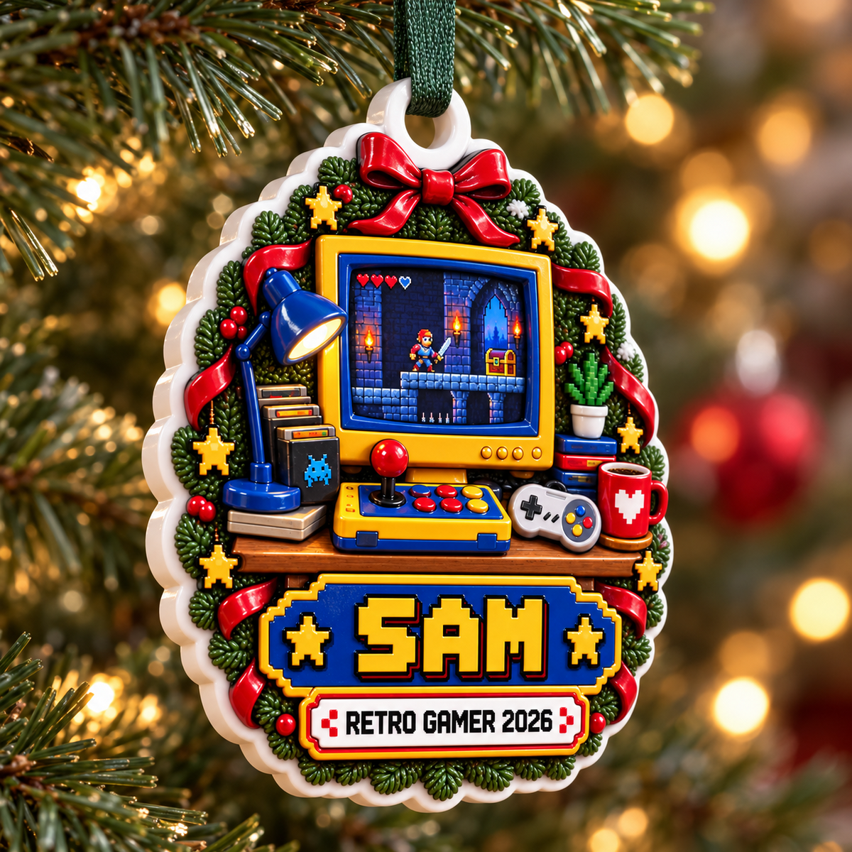 Retro Gamer Pixel Arcade Desk Holiday Hanging Keepsake - 3D Relief Ornament