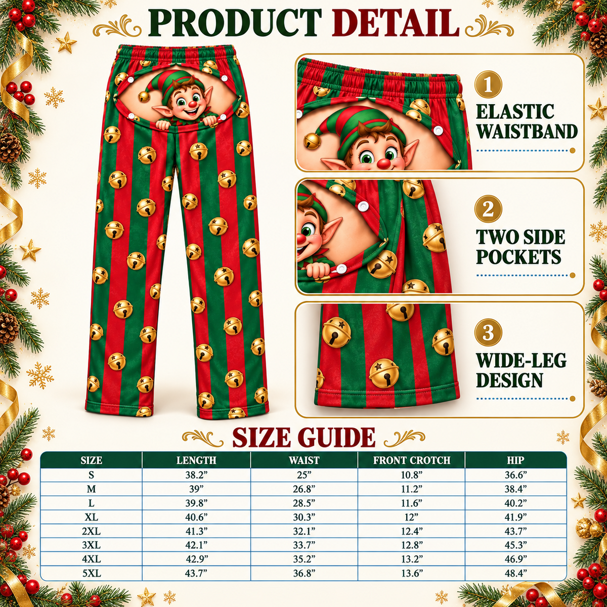 Funny Christmas Pajama Pants with Butt Flap Graphic Print