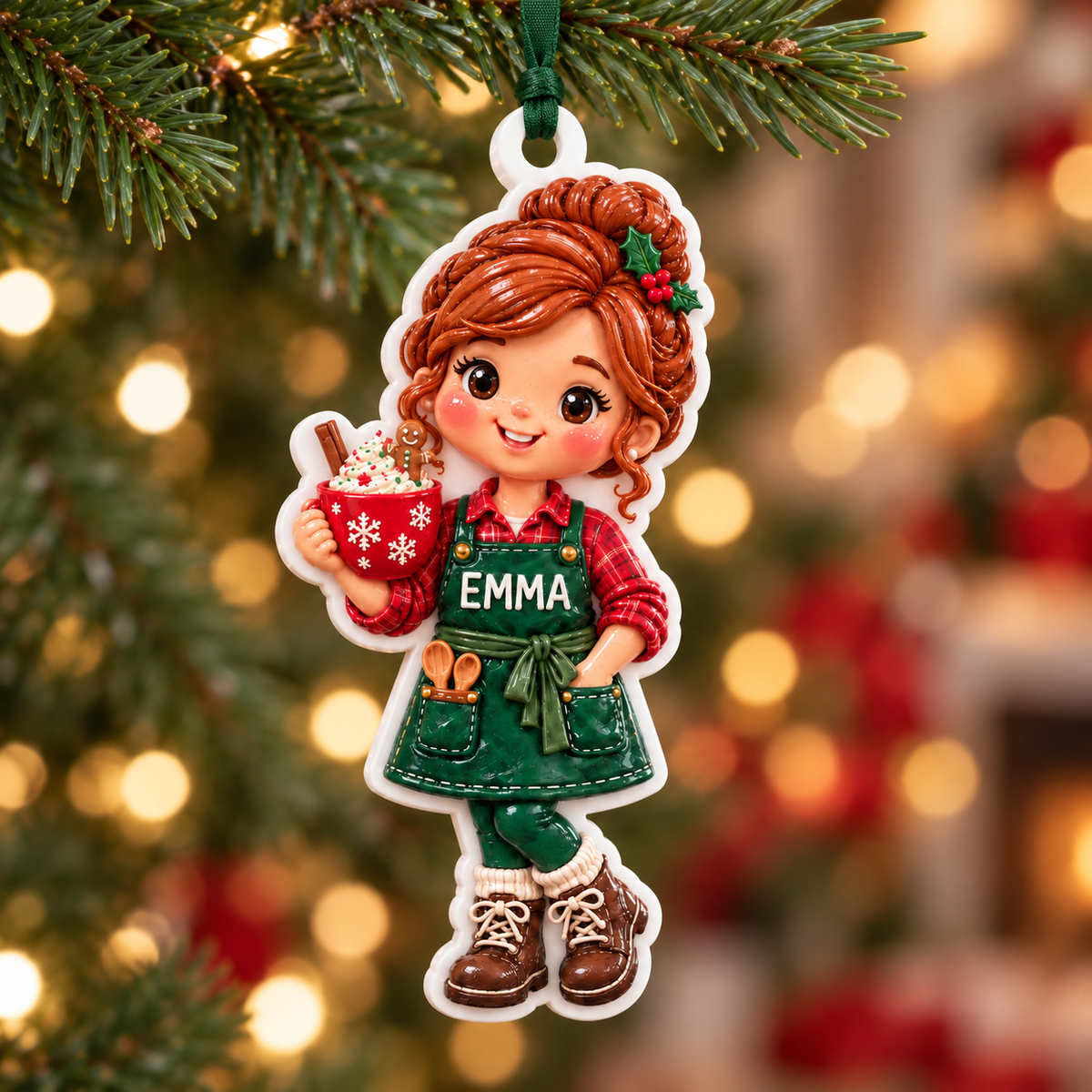 Baking Girl with Hot Cocoa and Green Apron Holiday Tree Decor - 3D Relief Ornament