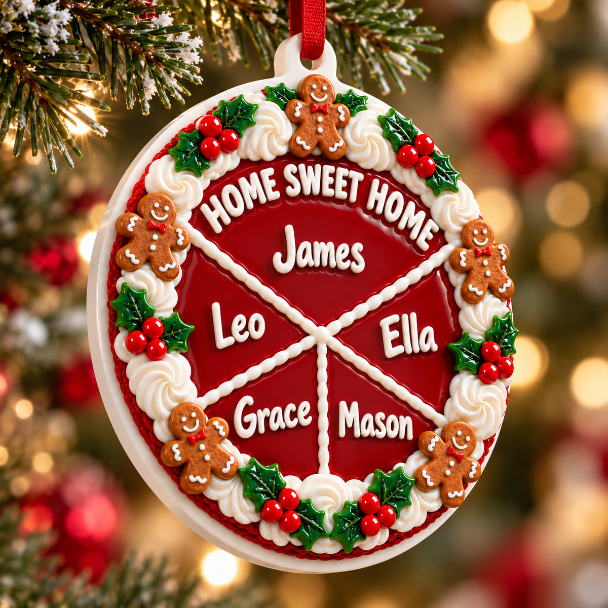 Round White Ceramic Holiday Bauble with Red Ribbon for Christmas Tree Decor - 3D Relief Ornament