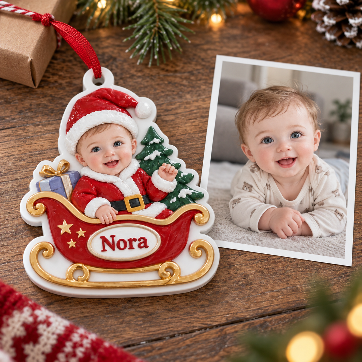 Baby Santa Sleigh Holiday Tree Hanging Keepsake in Red and Gold - 3D Relief Ornament