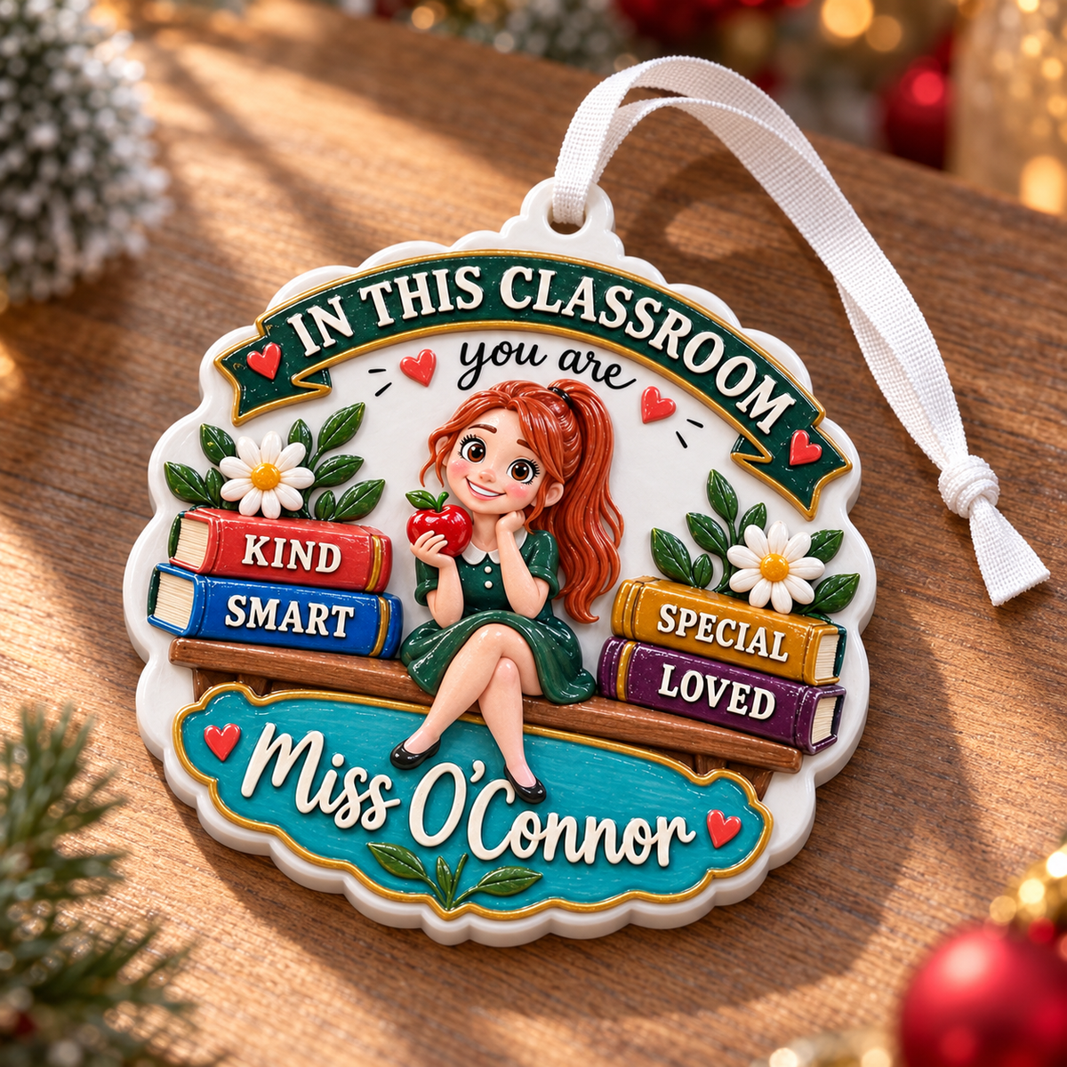Classroom Teacher Hanging Keepsake with Stacked Books and Red Apple - 3D Relief Ornament