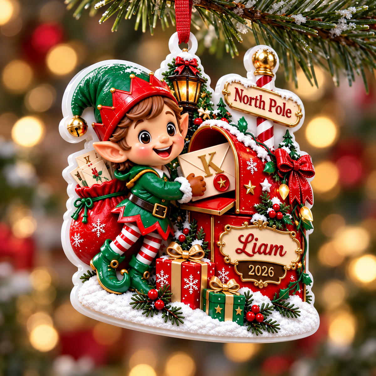 Christmas Elf at North Pole Mailbox Acrylic Holiday Keepsake - 3D Relief Ornament