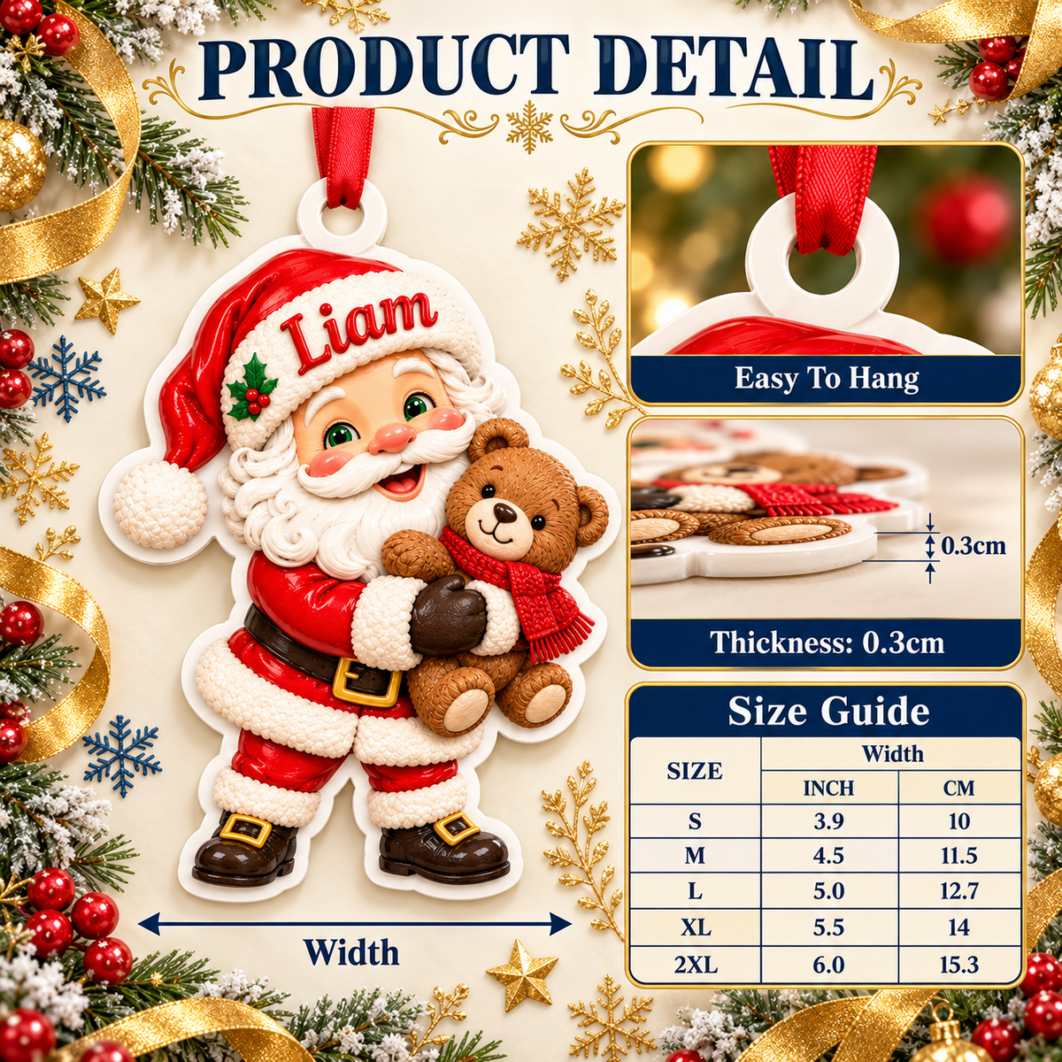 Santa Claus Holding Teddy Bear Acrylic Holiday Tree Decoration - 3D Relief Ornament