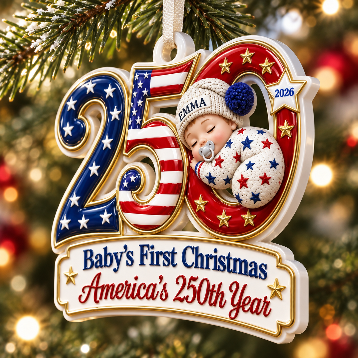 Baby's First Christmas America 250th Year 2026 Patriotic Holiday Keepsake - 3D Relief Ornament