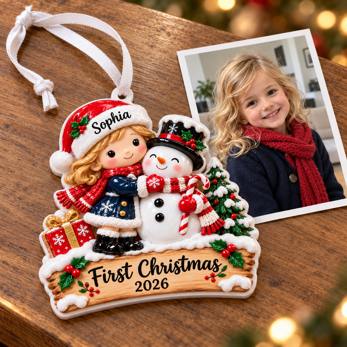 Baby Girl and Snowman First Christmas Tree Hanging Keepsake - 3D Relief Ornament