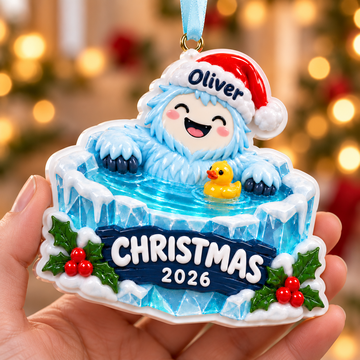 Cartoon Yeti in Ice Bath with Rubber Duck Holiday Keepsake - 3D Relief Ornament