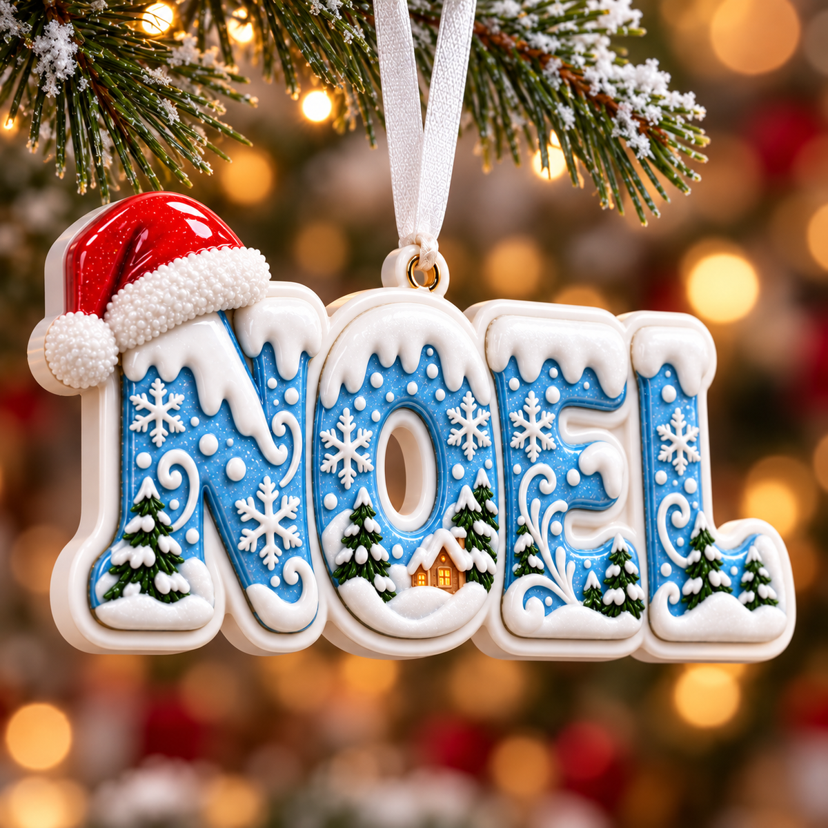 Winter Noel Lettering Holiday Tree Hanging Decor with Santa Hat - 3D Relief Ornament