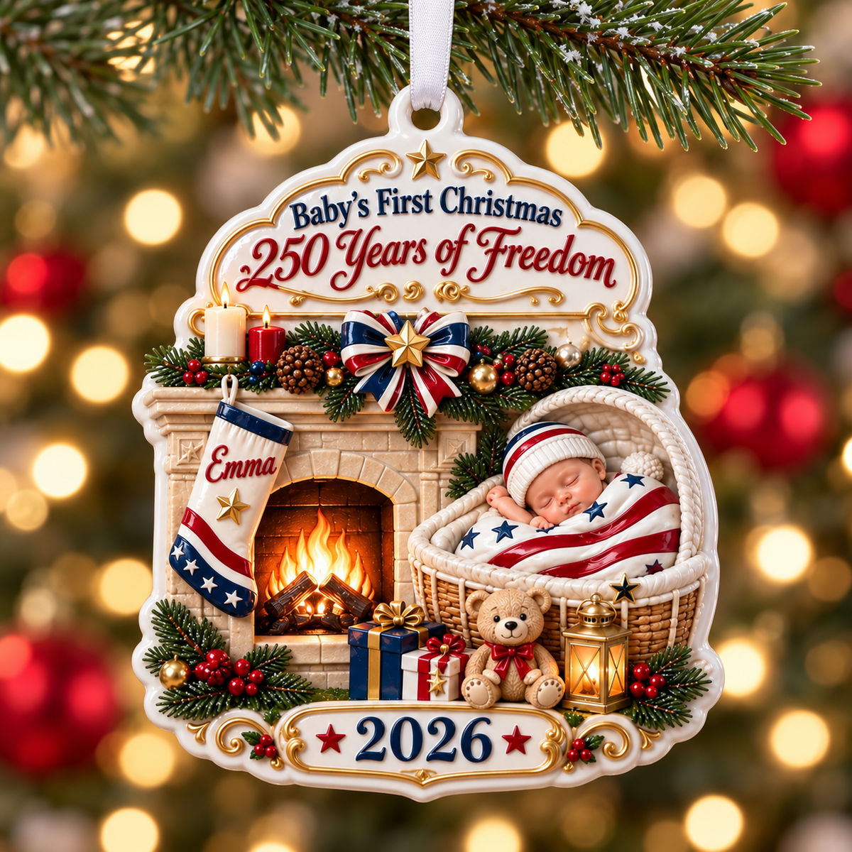 Baby's First Christmas 2026 Patriotic Fireplace Holiday Keepsake - 3D Relief Ornament