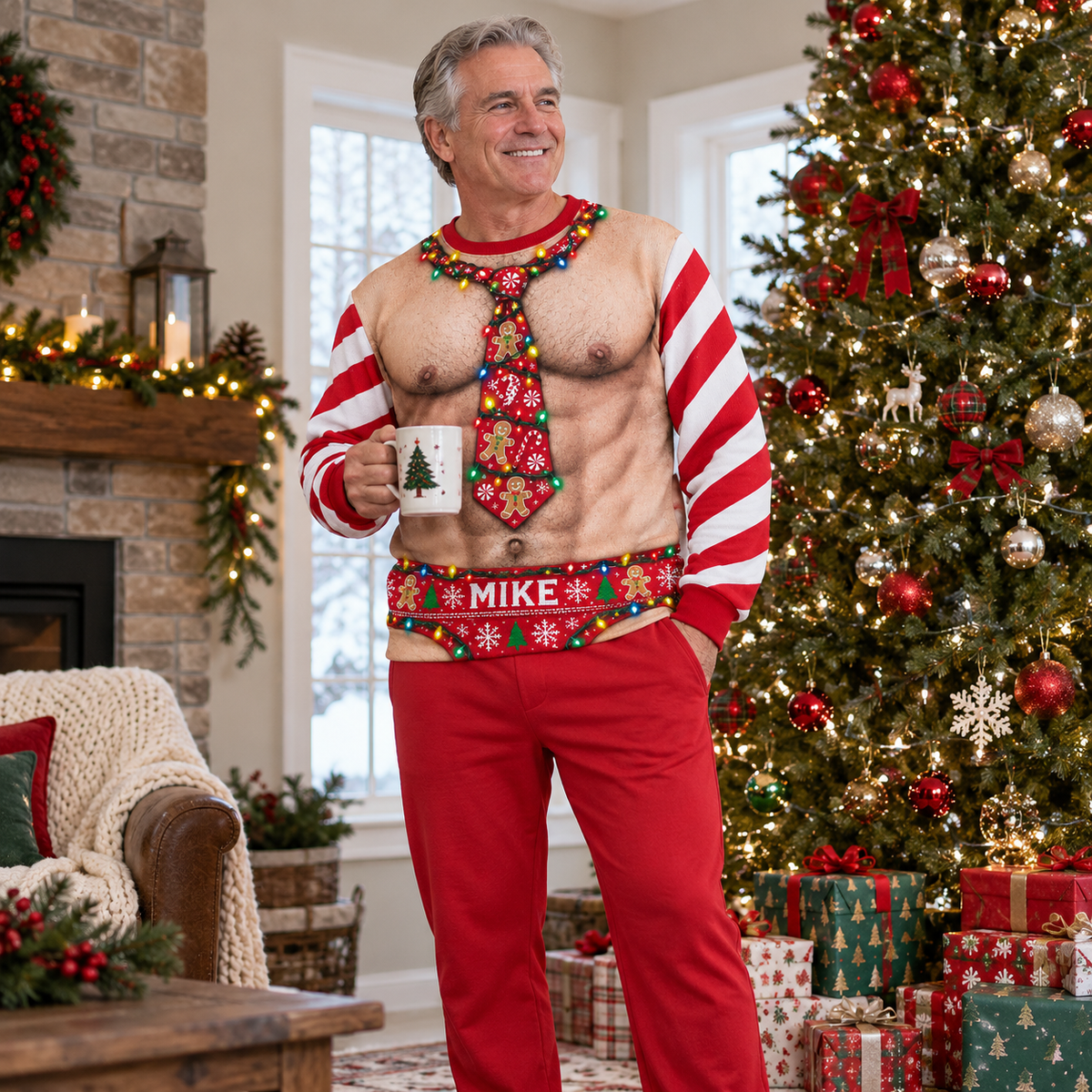 Funny Christmas Sweatshirt Faux Muscle Chest Holiday Tie Graphic