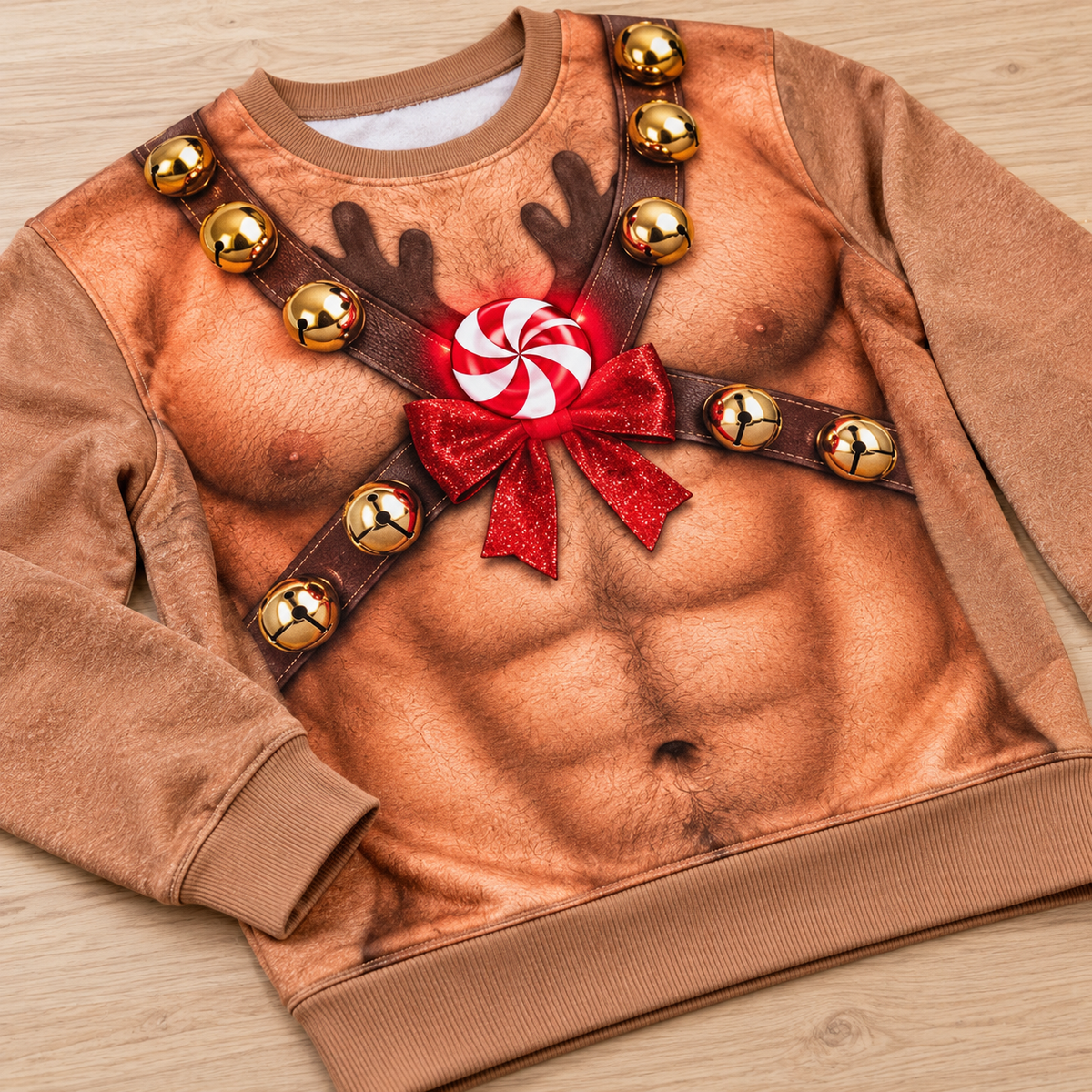 Hairy Chest Christmas Sweatshirt Fake Abs Novelty Holiday Pullover
