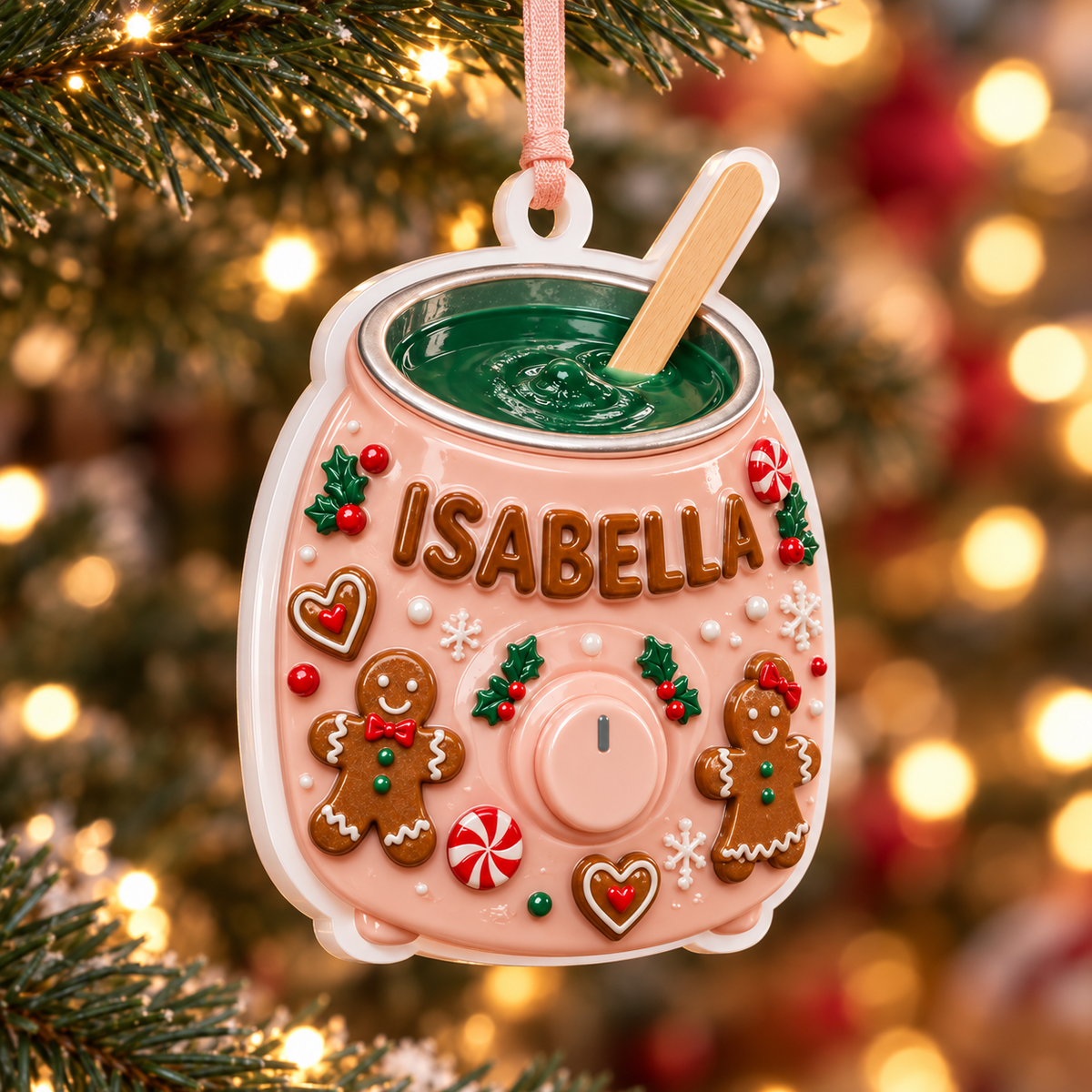 Pink Wax Warmer Esthetician Holiday Gingerbread Tree Decor - 3D Relief Ornament