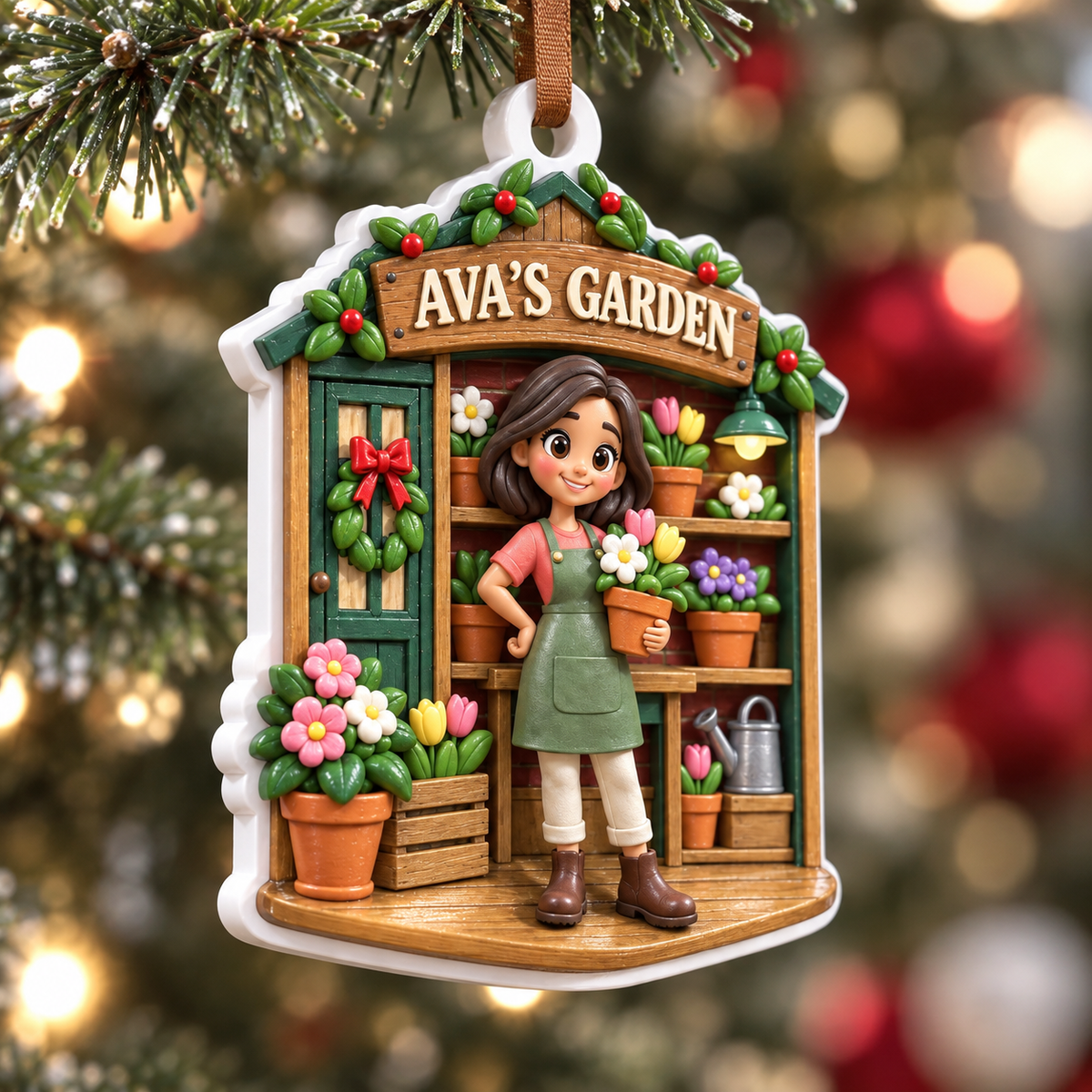 Female Gardener Potting Shed Flowers and Greenhouse Scene Hanging Keepsake - 3D Relief Ornament