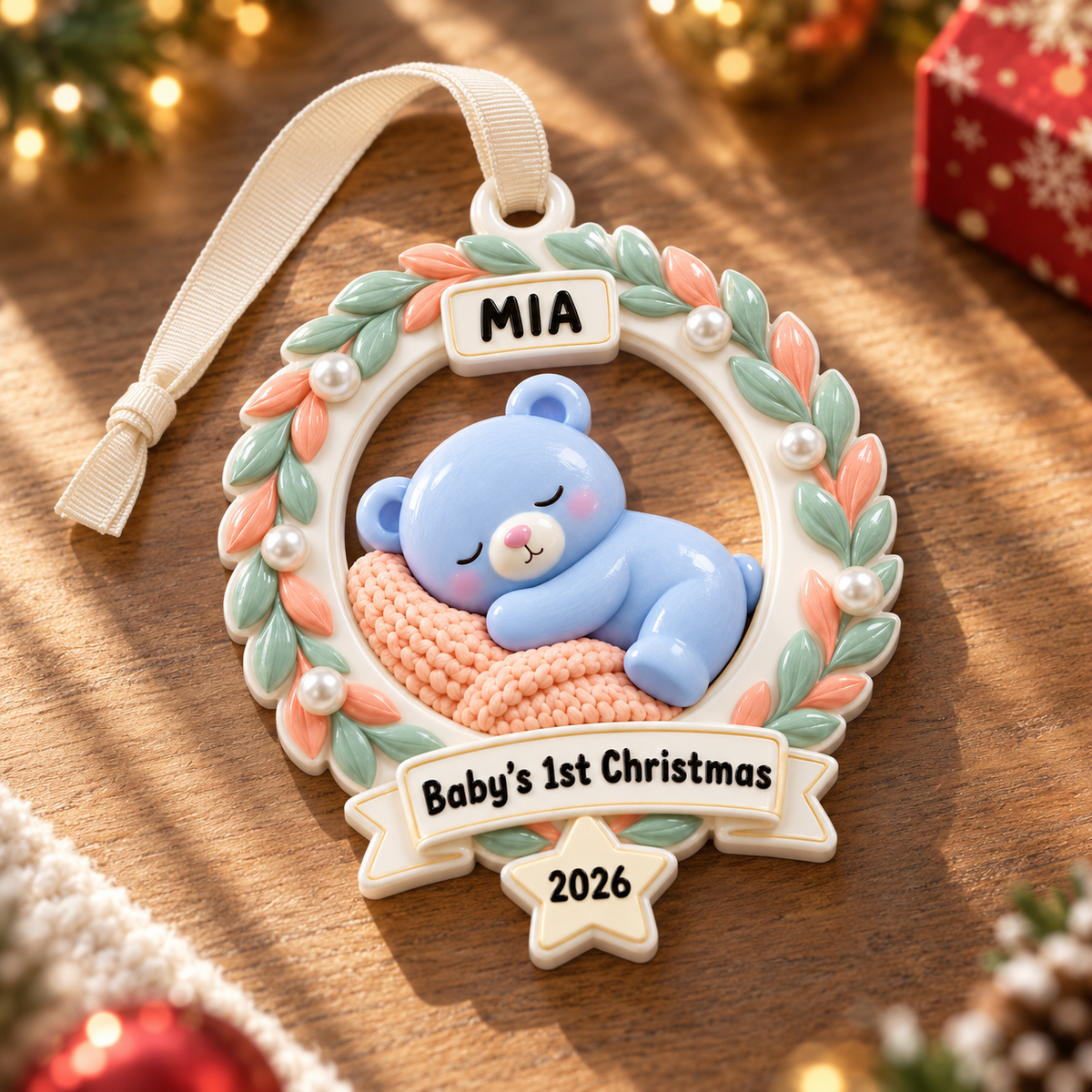 Baby First Christmas Round Picture Frame with Pastel Foliage Wreath - 3D Relief Ornament