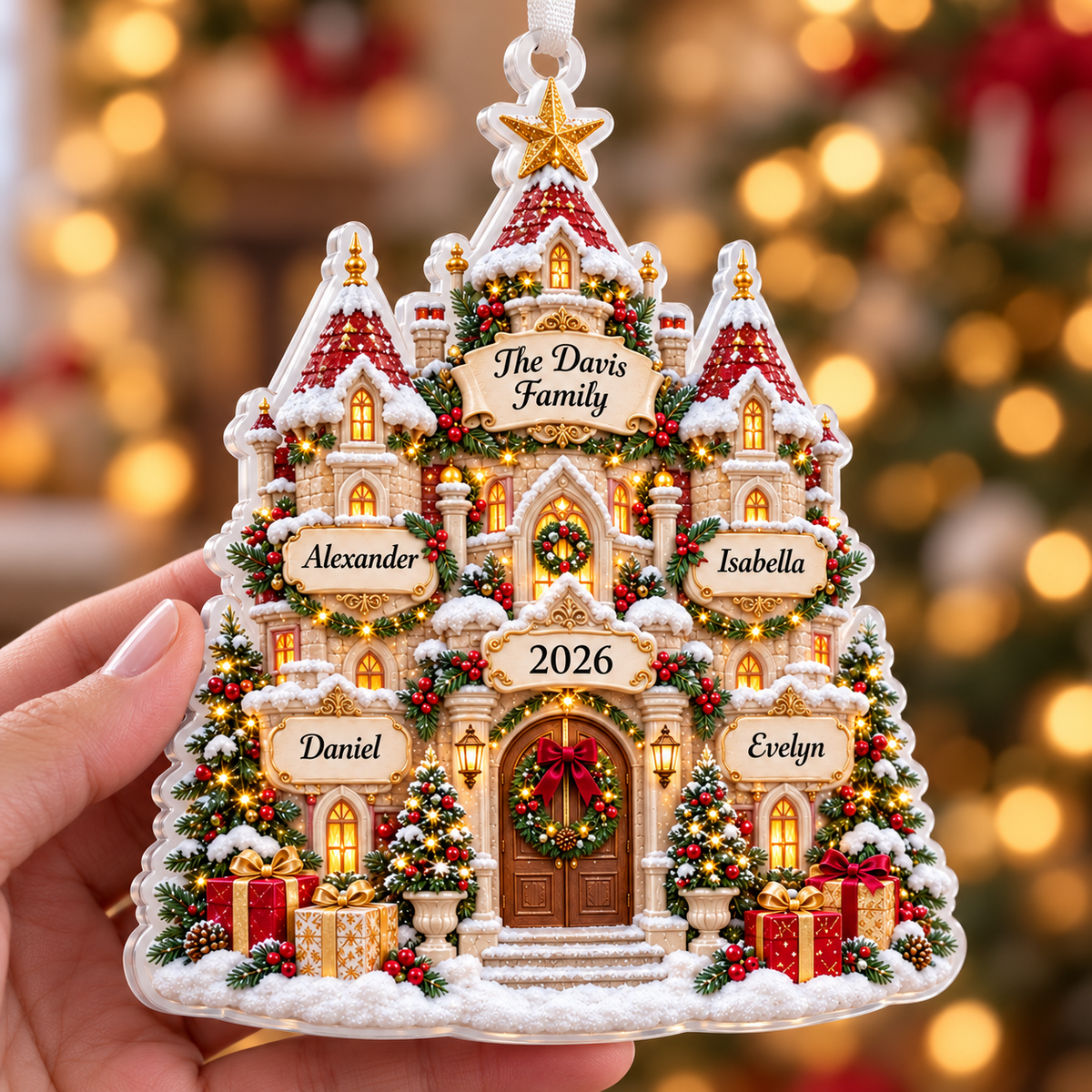 Snowy Christmas Castle Acrylic Hanging Keepsake - 3D Relief Ornament