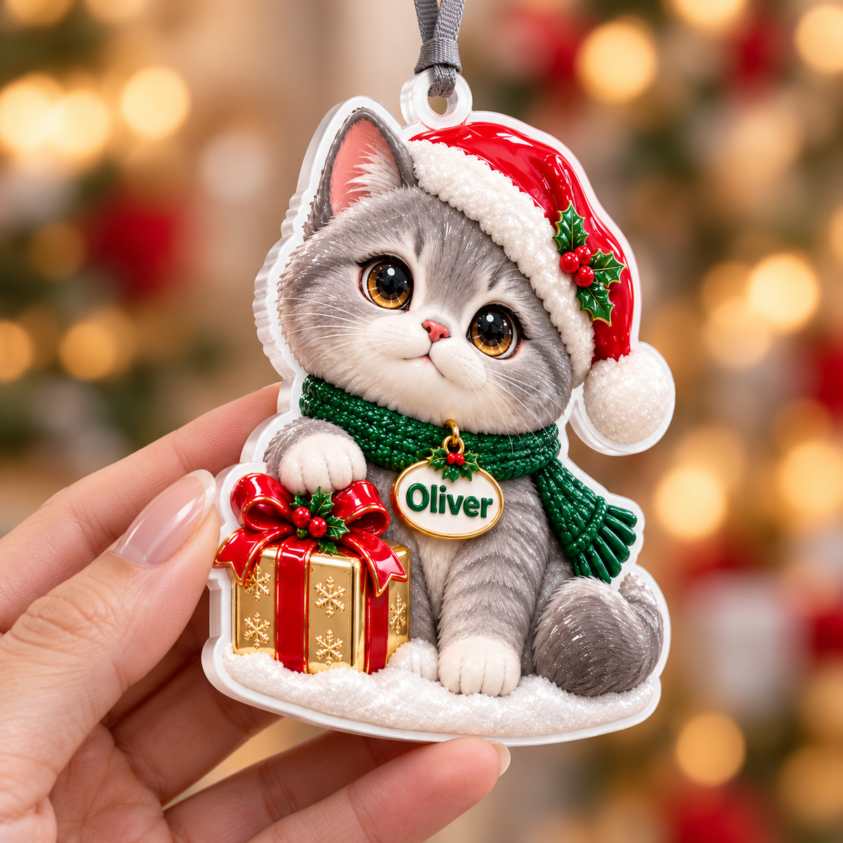 Christmas Grey Cat with Santa Hat and Holiday Present Acrylic Hanging Keepsake - 3D Relief Ornament