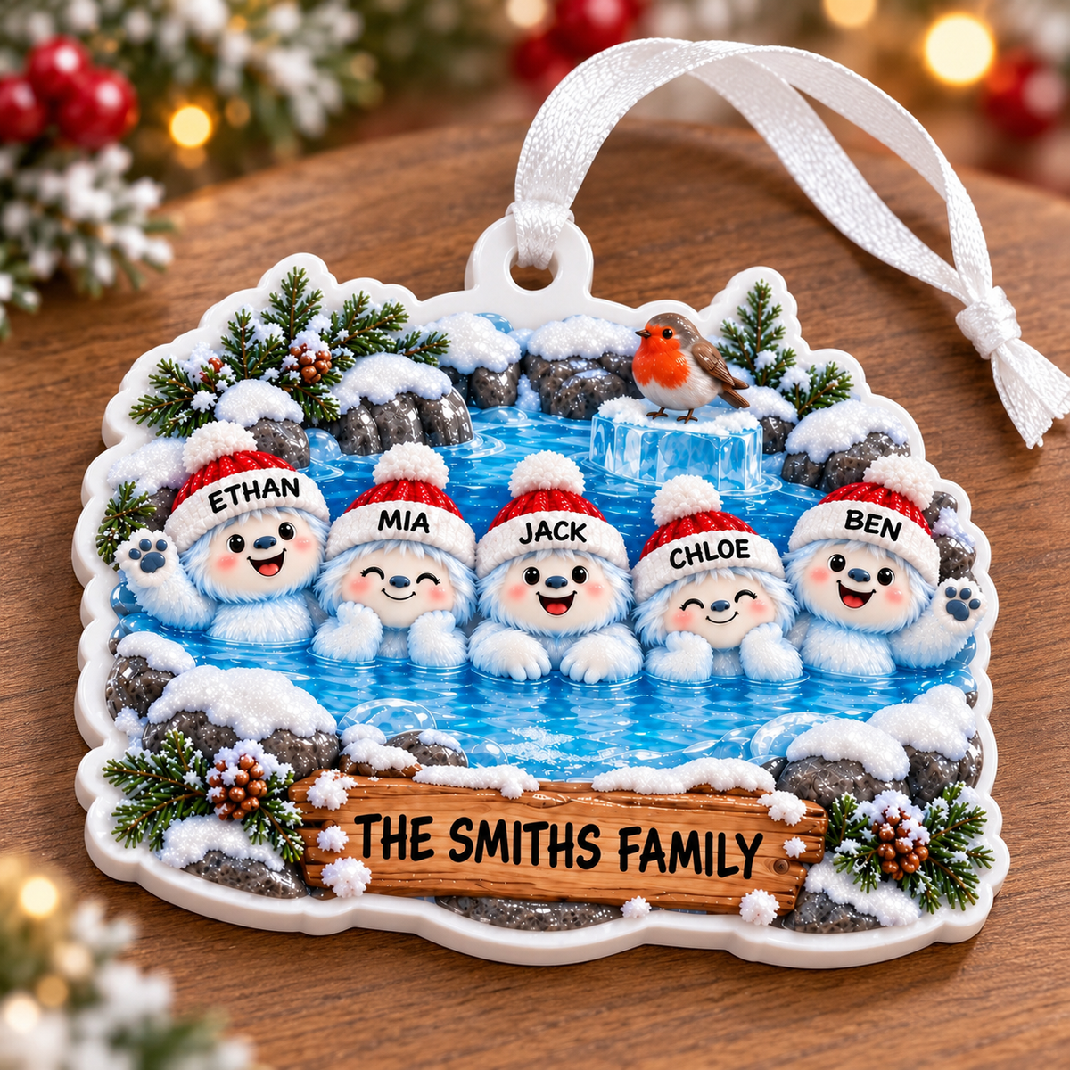 Winter Yeti Family in Hot Spring Acrylic Holiday Bauble - 3D Relief Ornament