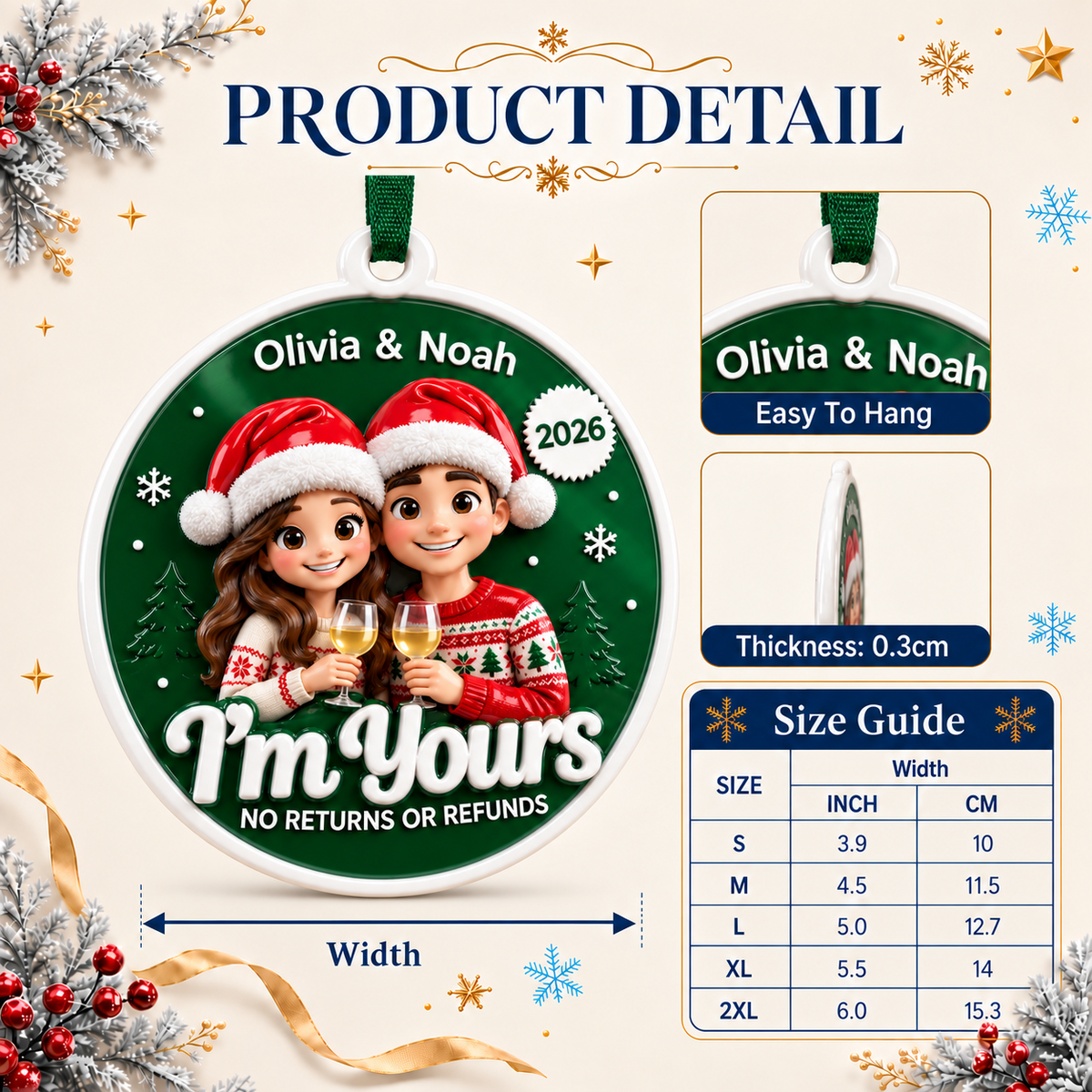Couple Christmas Tree Hanging Disc, Im Yours Wine Toast Holiday Keepsake - 3D Relief Ornament