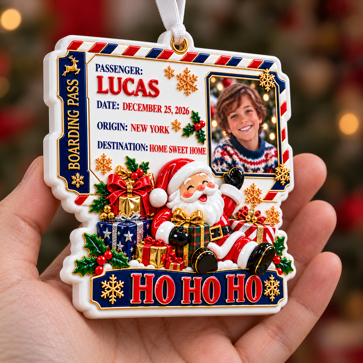 Santa Claus Boarding Pass Photo Frame Christmas Holiday Keepsake - 3D Relief Ornament
