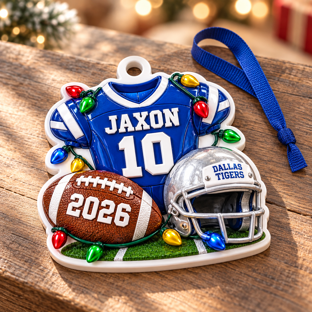 Blue Football Jersey Helmet and Ball Holiday Tree Hanging Decor with String Lights - 3D Relief Ornament