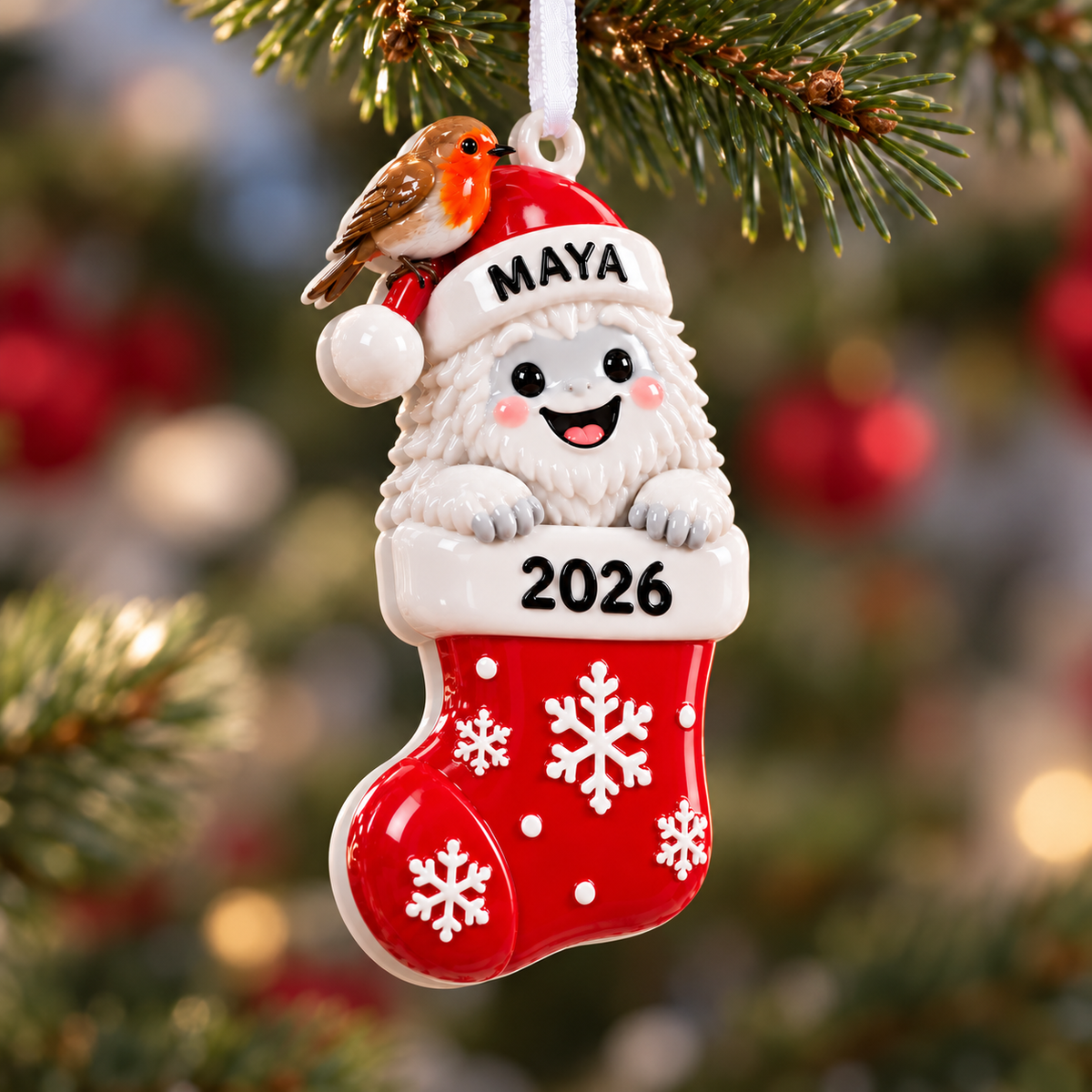 Christmas Yeti in Stocking with Robin Hanging Holiday Decor - 3D Relief Ornament