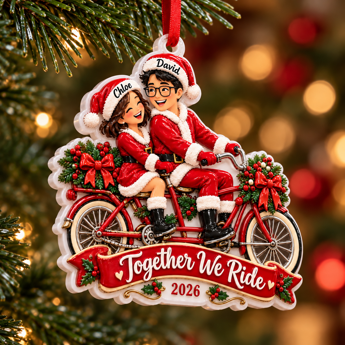 Couple Riding Tandem Bicycle Santa Holiday Keepsake - 3D Relief Ornament