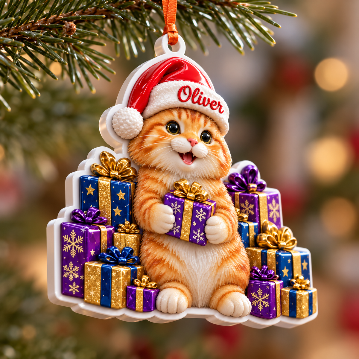 Ginger Cat in Santa Hat with Christmas Gift Boxes Acrylic Hanging Tree Decoration - 3D Relief Ornament