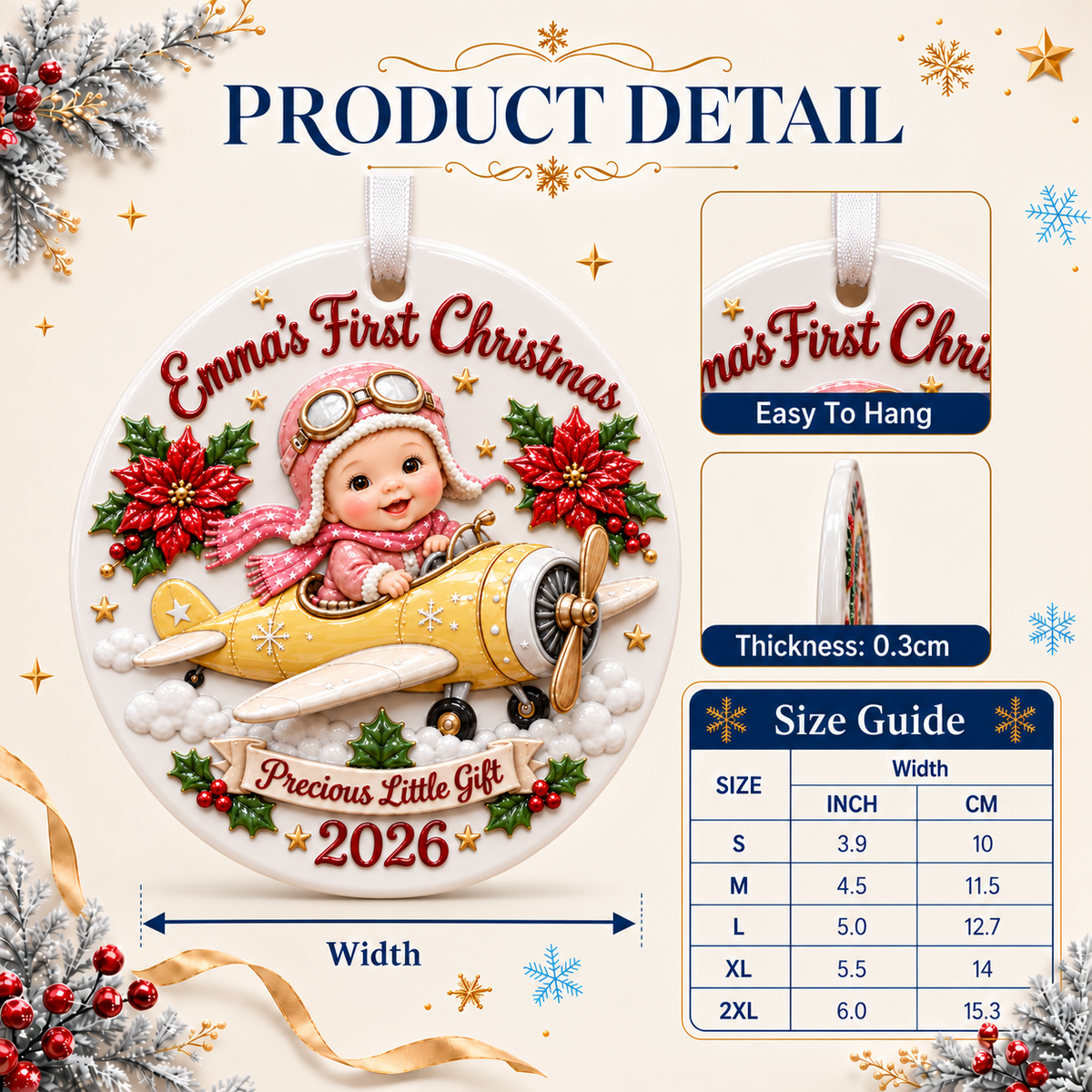 Baby Pilot in Yellow Airplane Holiday Keepsake Disc - 3D Relief Ornament