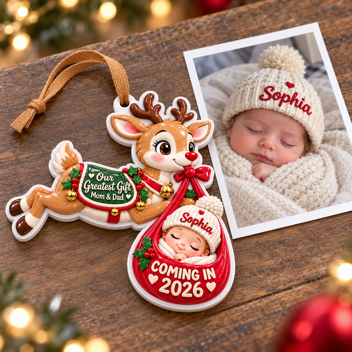 Flying Reindeer Baby Delivery Pregnancy Announcement Keepsake - 3D Relief Ornament