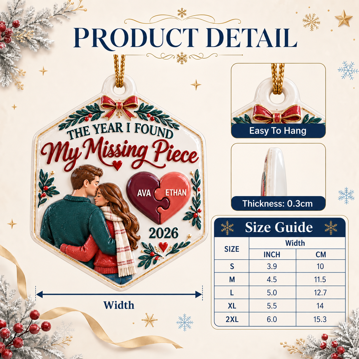 Couple Missing Piece Puzzle Heart Hexagonal Christmas Tree Keepsake - 3D Relief Ornament