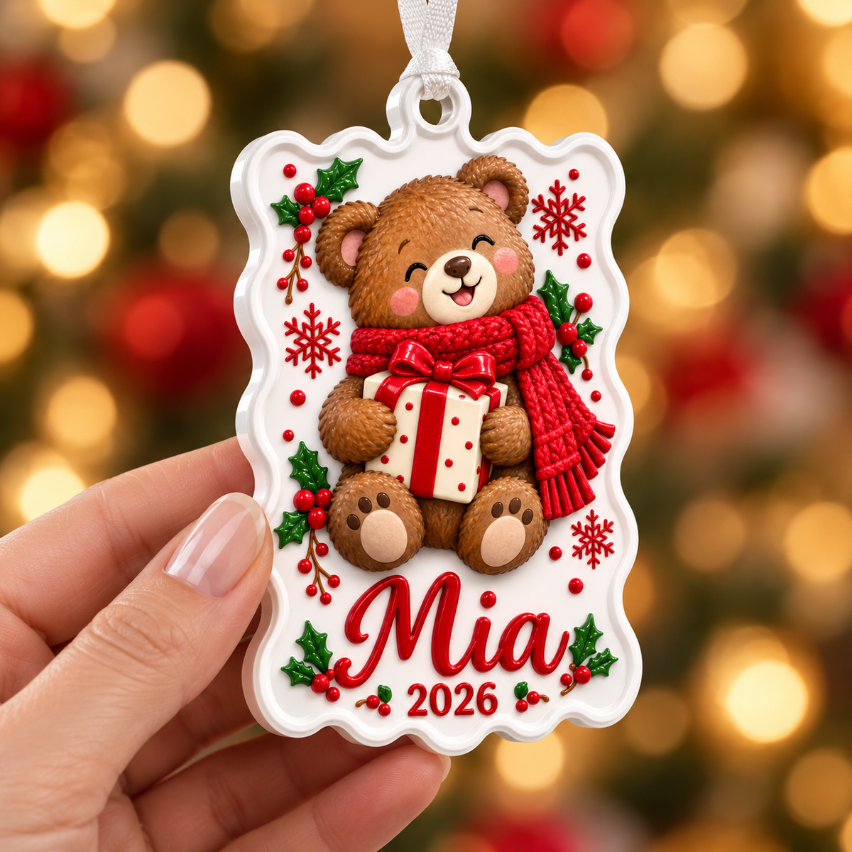 Christmas Teddy Bear with Gift Box Scalloped Holiday Keepsake - 3D Relief Ornament
