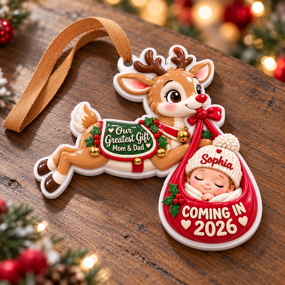 Flying Reindeer Baby Delivery Pregnancy Announcement Keepsake - 3D Relief Ornament