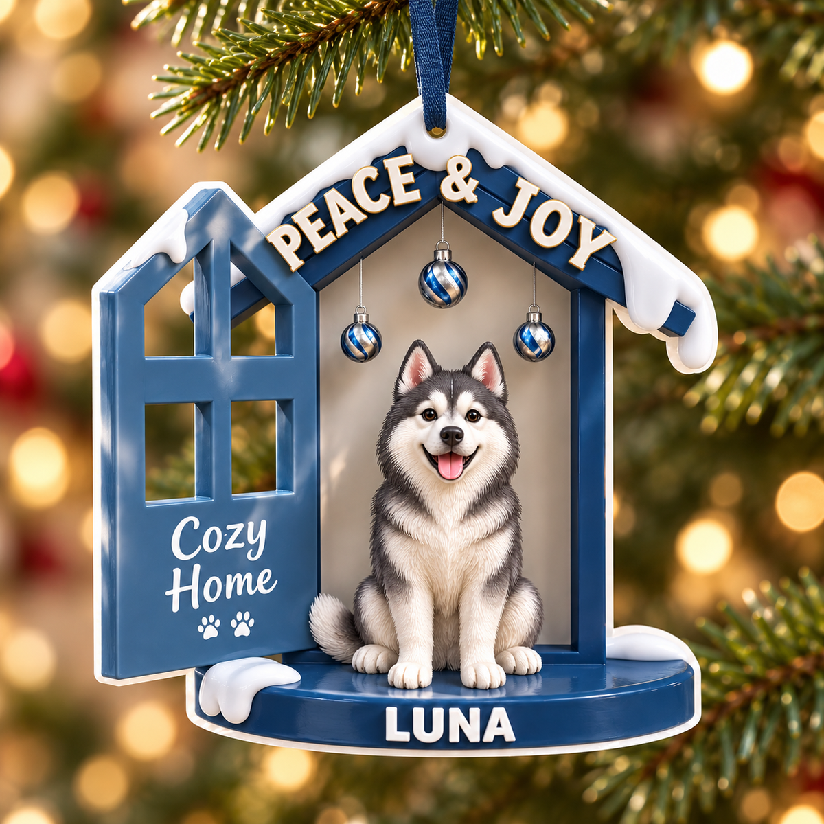 Blue Siberian Husky Dog House Holiday Christmas Tree Hanging Decor - 3D Relief Ornament
