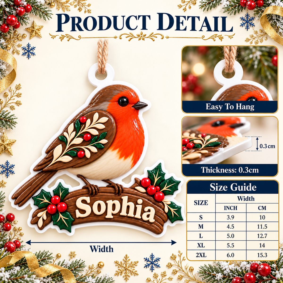 Robin Redbreast on Holly Branch Acrylic Hanging Holiday Keepsake - 3D Relief Ornament