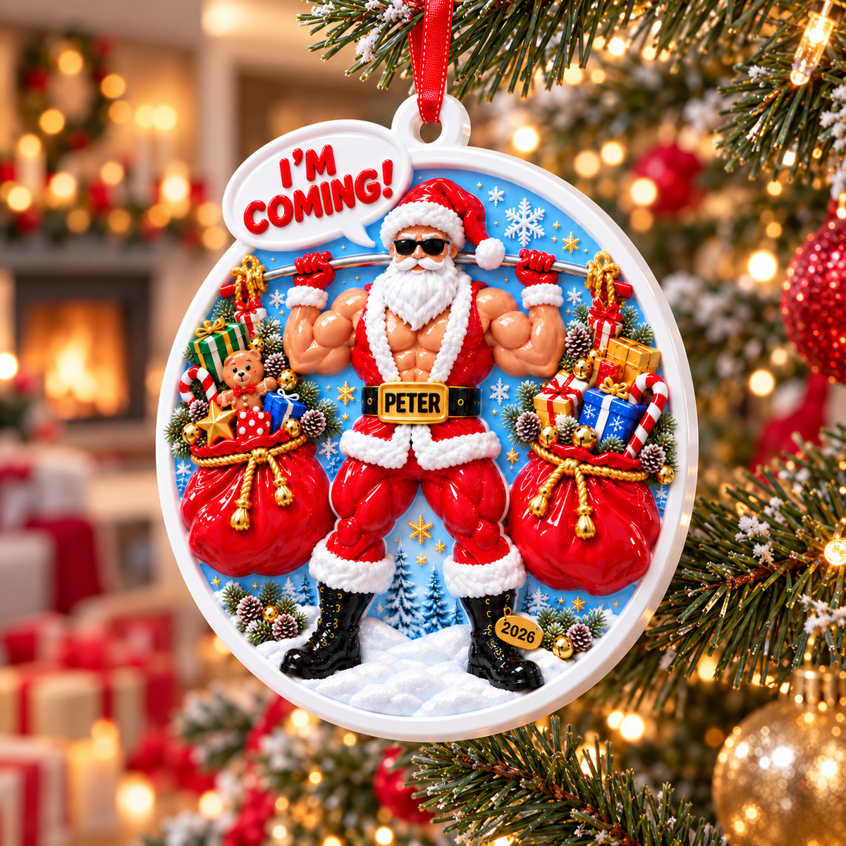 Muscular Weightlifting Santa Claus Round Acrylic Holiday Tree Hanging - 3D Relief Ornament