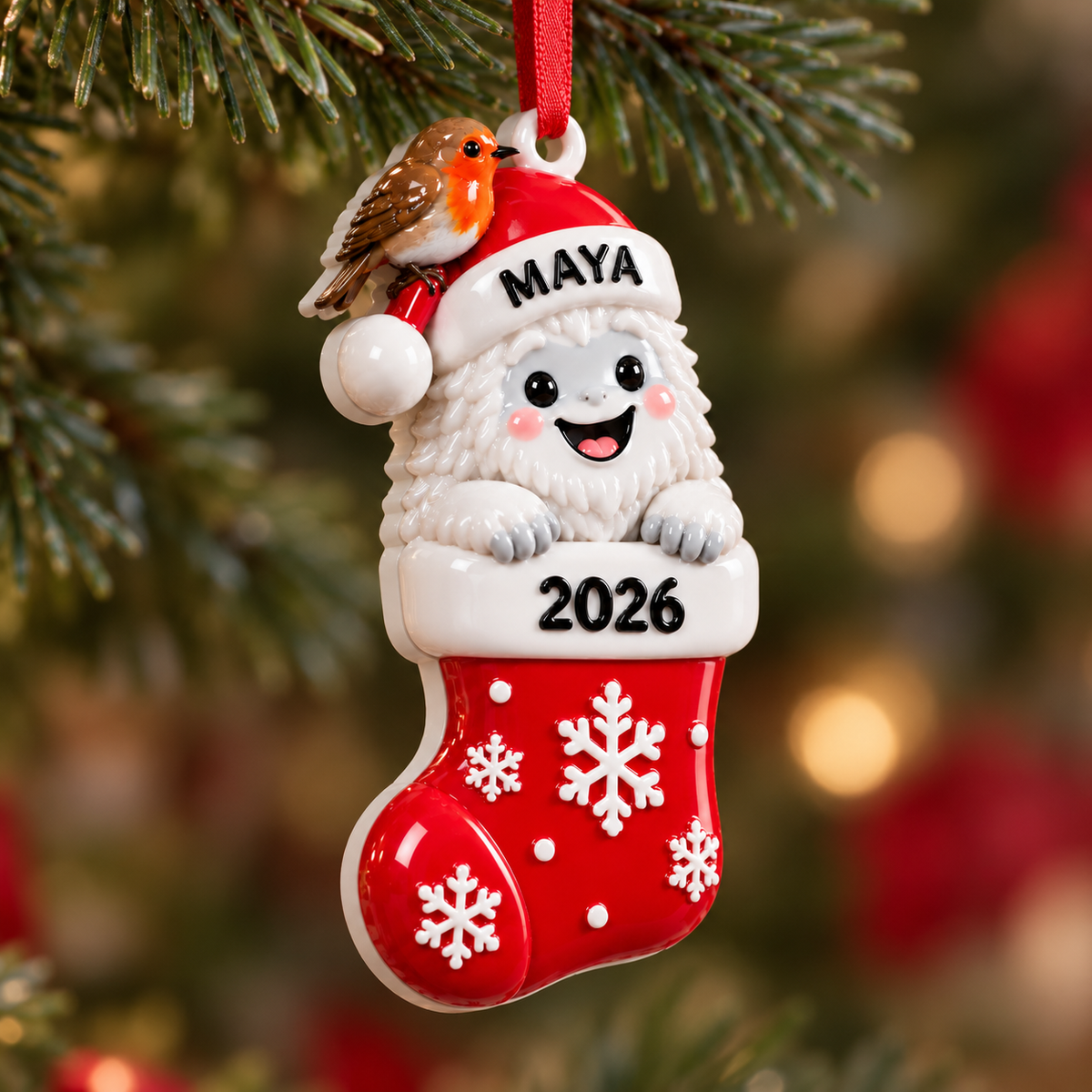 Christmas Yeti in Stocking with Robin Hanging Holiday Decor - 3D Relief Ornament