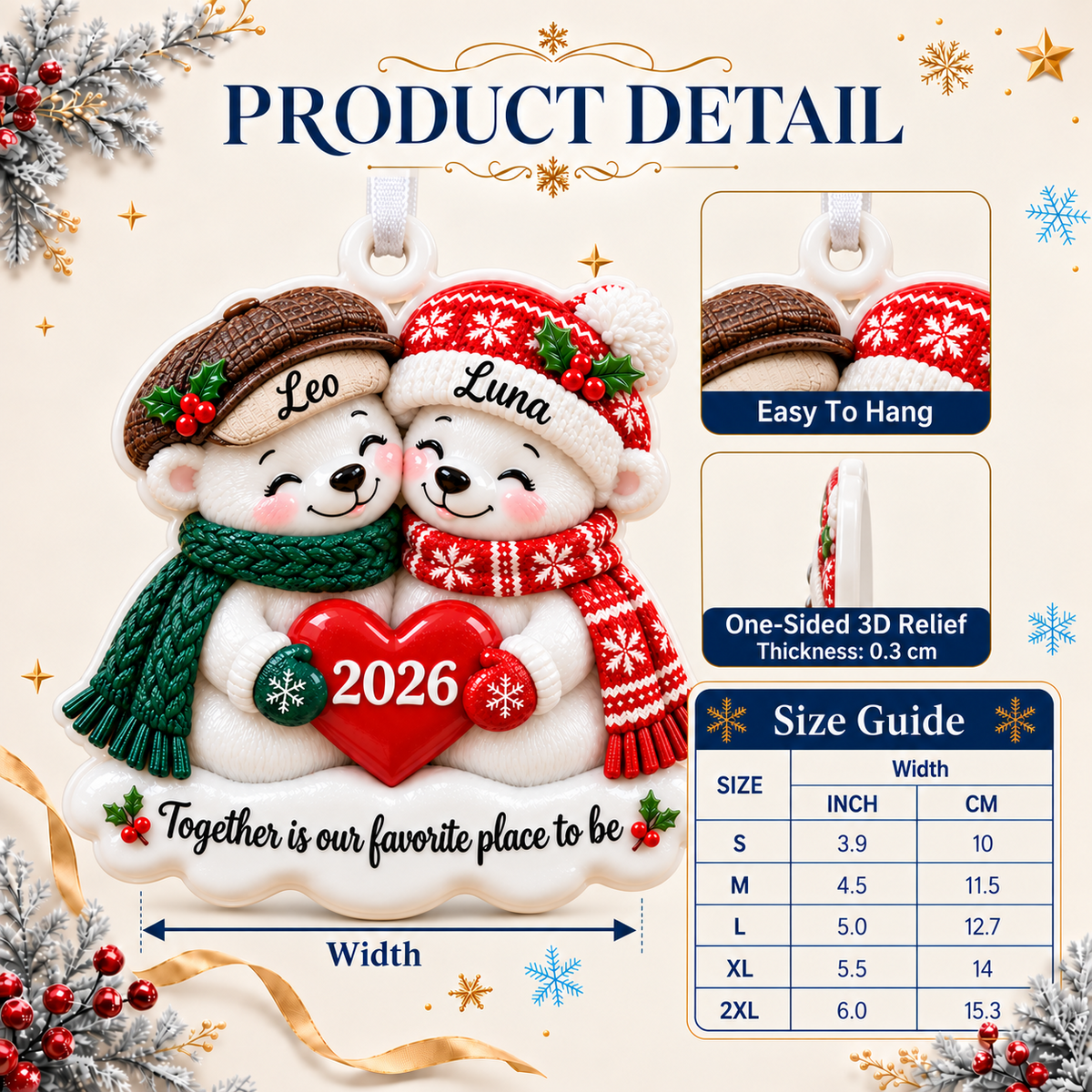 Couple Polar Bears Holding Red Heart Winter Holiday Keepsake - 3D Relief Ornament