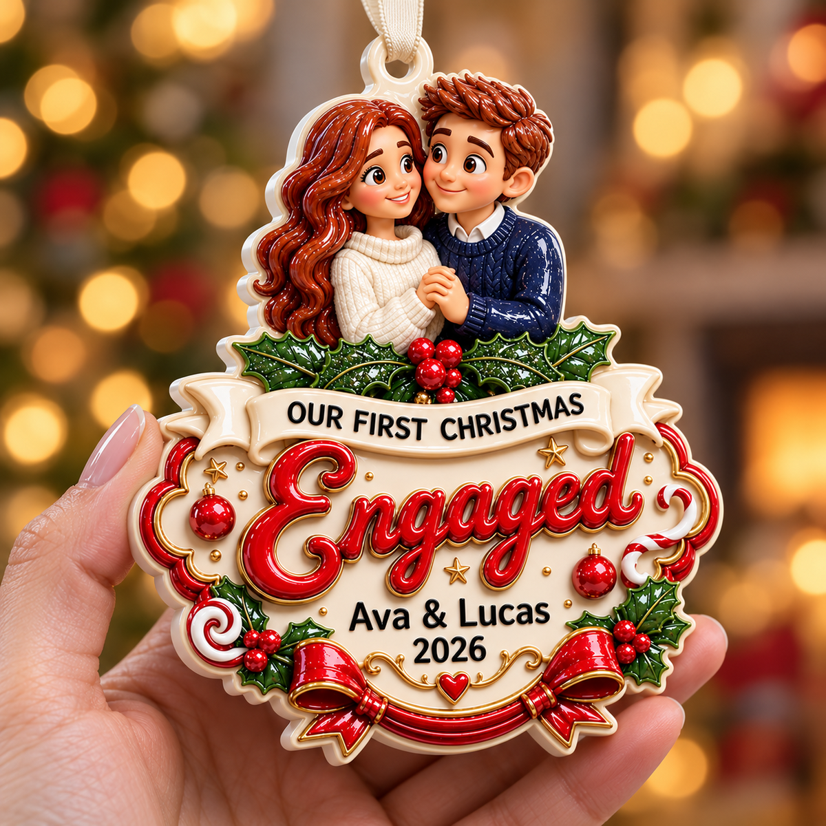 Our First Christmas Engaged Couple Portrait Holiday Keepsake - 3D Relief Ornament