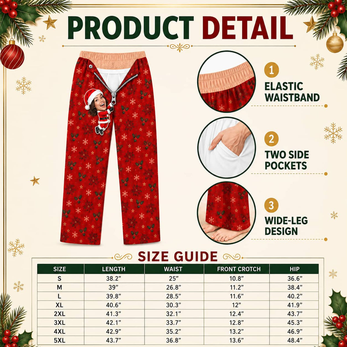 Mens Christmas Pajama Pants Novelty Zipper Print Holiday Loungewear