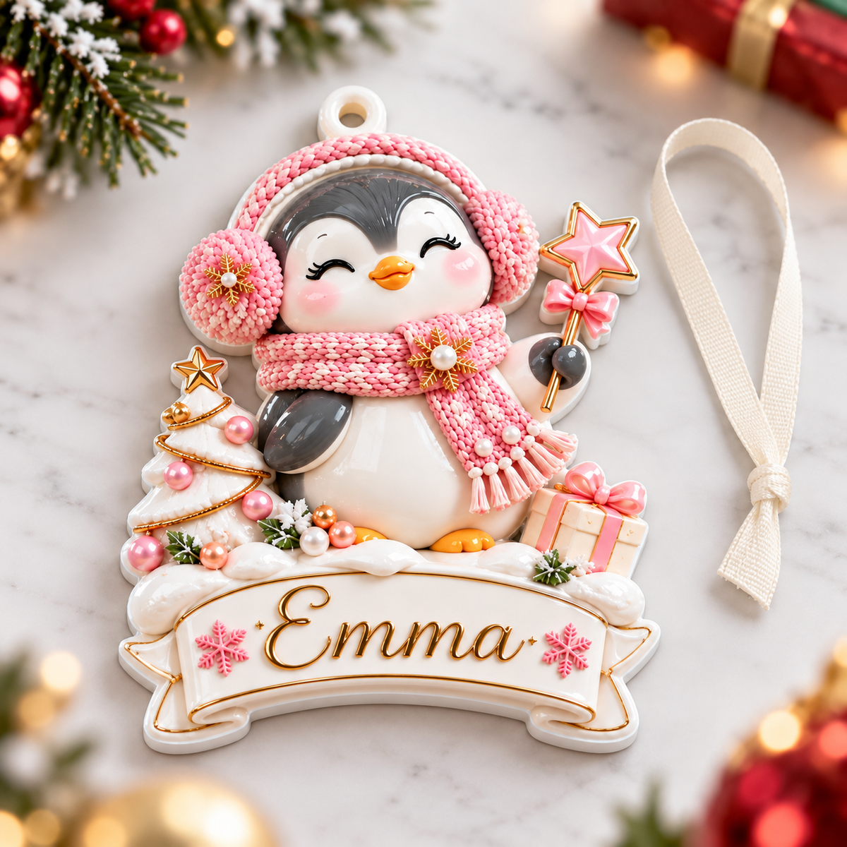 Winter Penguin with Pink Scarf and Christmas Tree Banner - 3D Relief Ornament