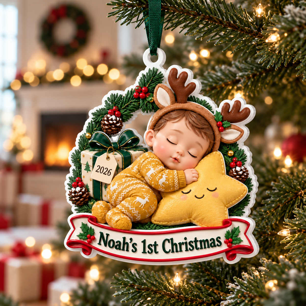 Baby First Christmas Sleeping Infant Reindeer Antlers Star Holiday Keepsake - 3D Relief Ornament