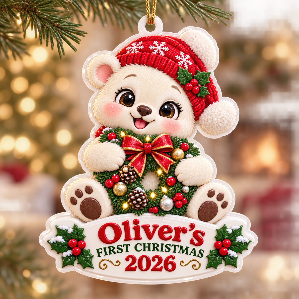Baby Bear with Wreath First Christmas Acrylic Tree Hanging Keepsake - 3D Relief Ornament