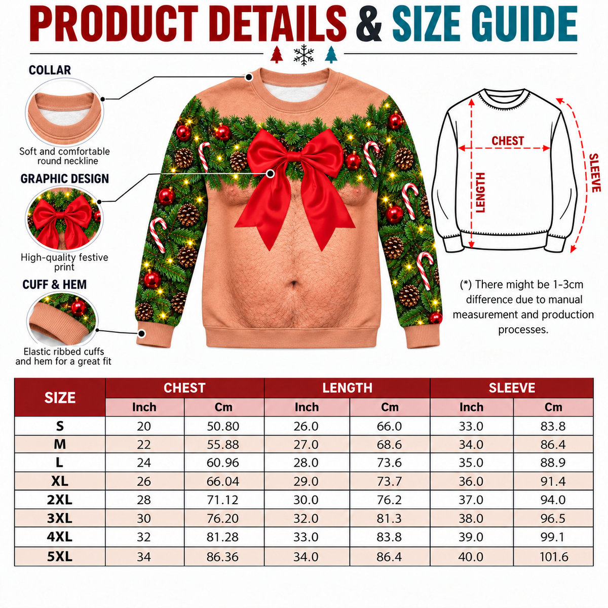 Christmas Sweatshirt Funny Bare Torso Garland Bow Holiday Pullover