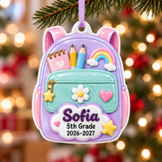 School Backpack Student Keepsake with Pastel Supplies and Rainbow - 3D Relief Ornament