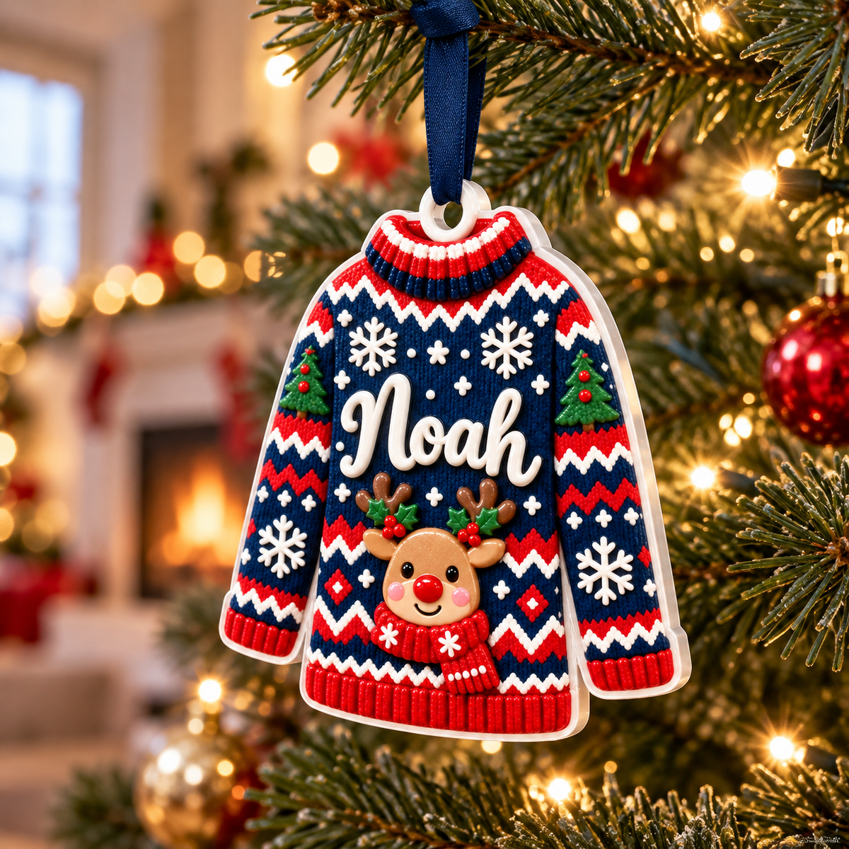 Ugly Christmas Sweater Reindeer Pattern Acrylic Holiday Keepsake - 3D Relief Ornament