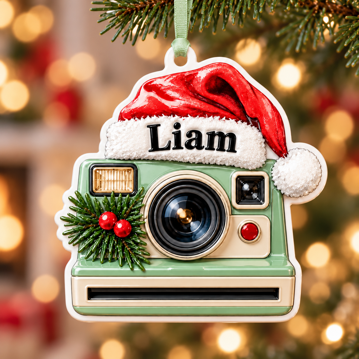 Retro Instant Camera with Santa Hat Holiday Keepsake - 3D Relief Ornament
