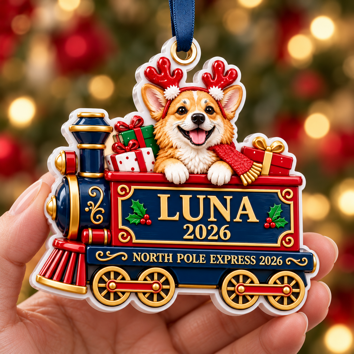 Corgi Dog North Pole Express Train Christmas Holiday Keepsake - 3D Relief Ornament