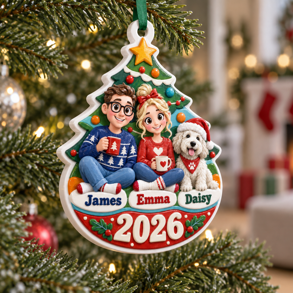 Couple with Pet Dog by Christmas Tree Holiday Keepsake Plaque - 3D Relief Ornament