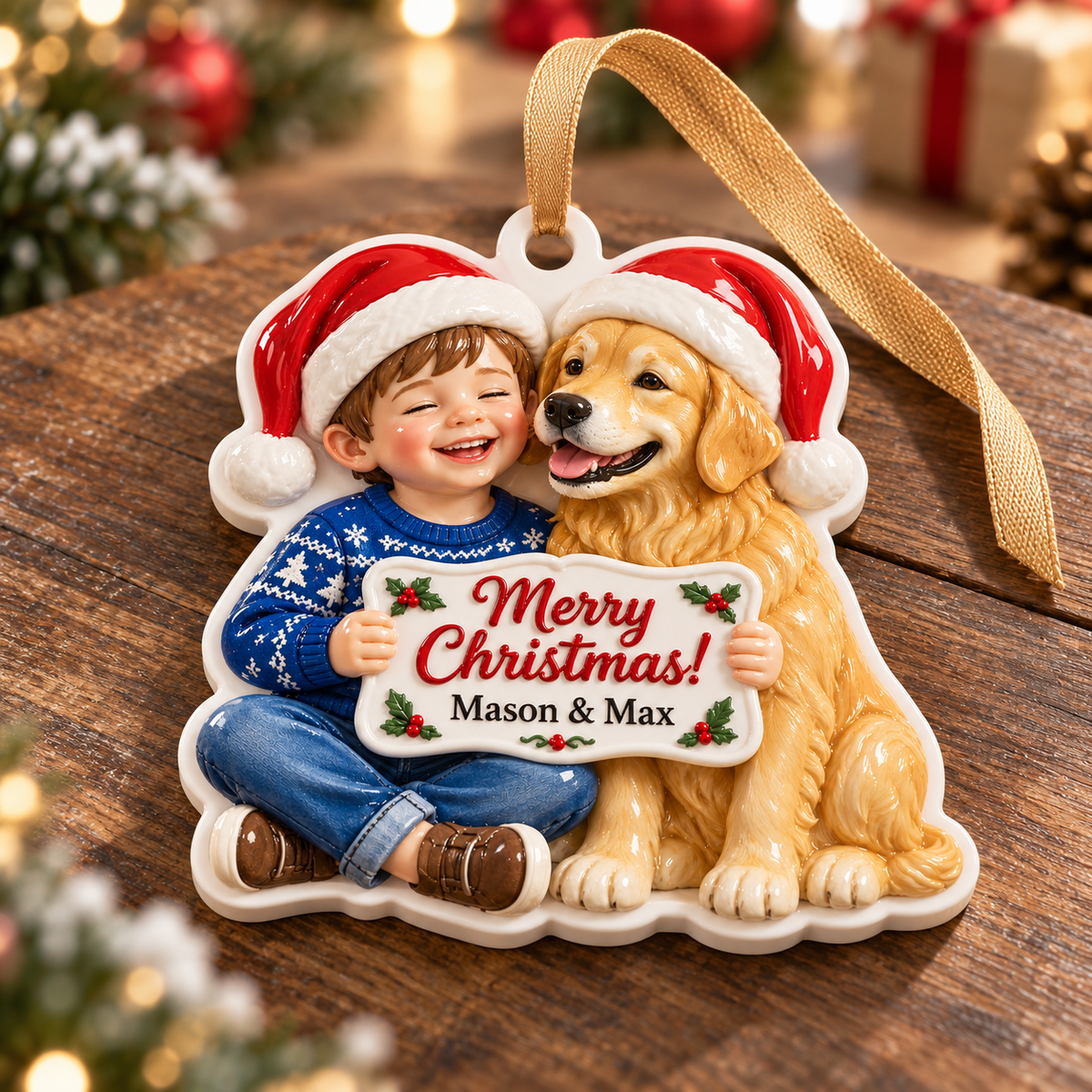 Boy and Golden Retriever Dog with Santa Hats Holiday Keepsake - 3D Relief Ornament