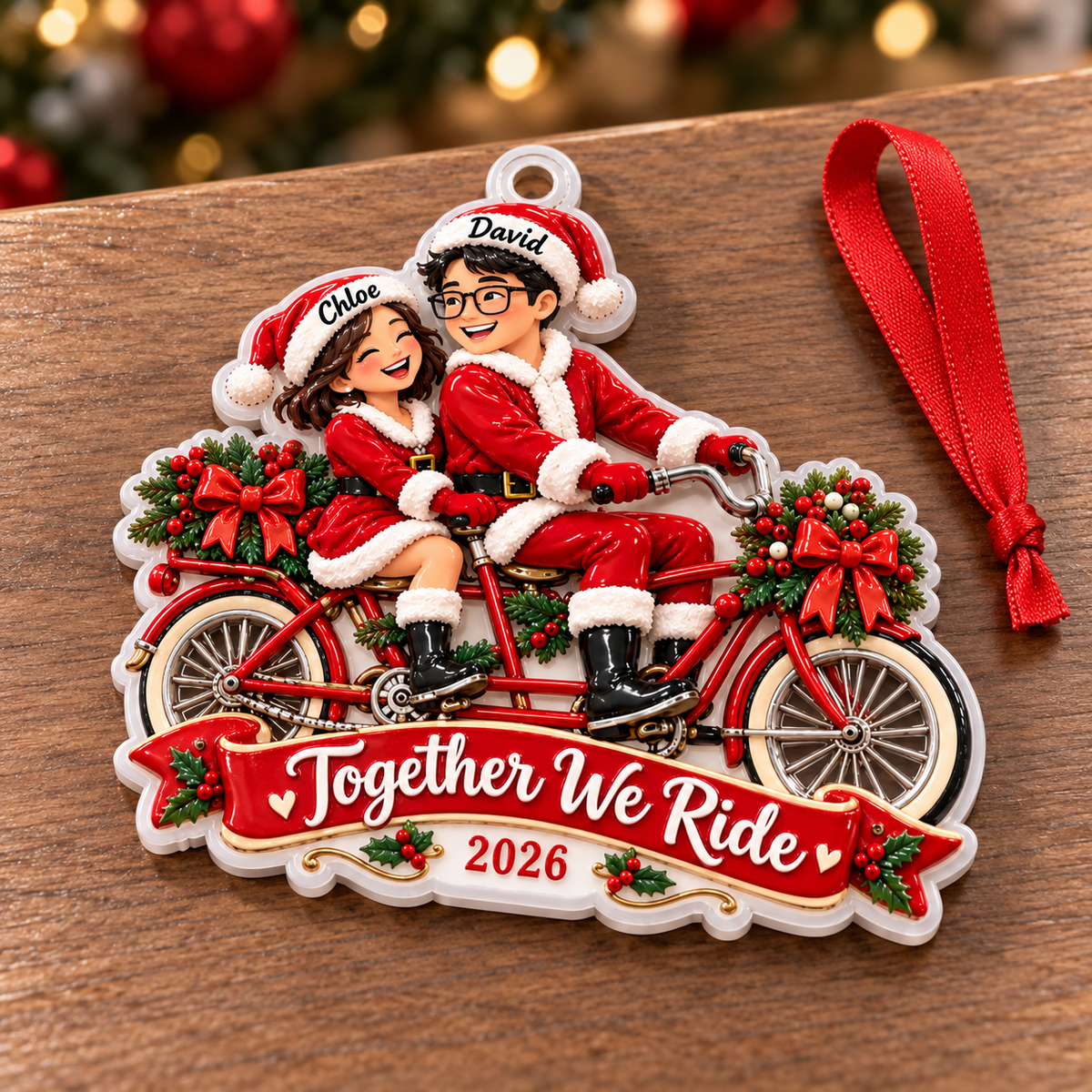 Couple Riding Tandem Bicycle Santa Holiday Keepsake - 3D Relief Ornament